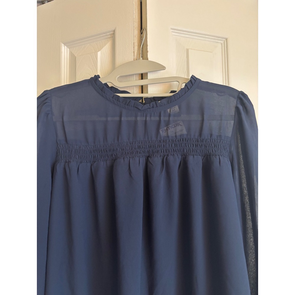 NWT Monteau Navy Blue Chiffon Tunic Blouse Medium Ruffle Neck Sheer - Picture 5 of 11